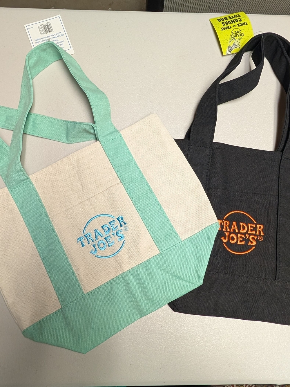 Two Mini Trader Joe's Canvas Totes in Cream/Mint And Black